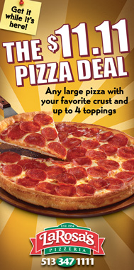 The $11.11 PIZZA DEAL - Any large pizza with your favorite crust and up to 4 toppings.